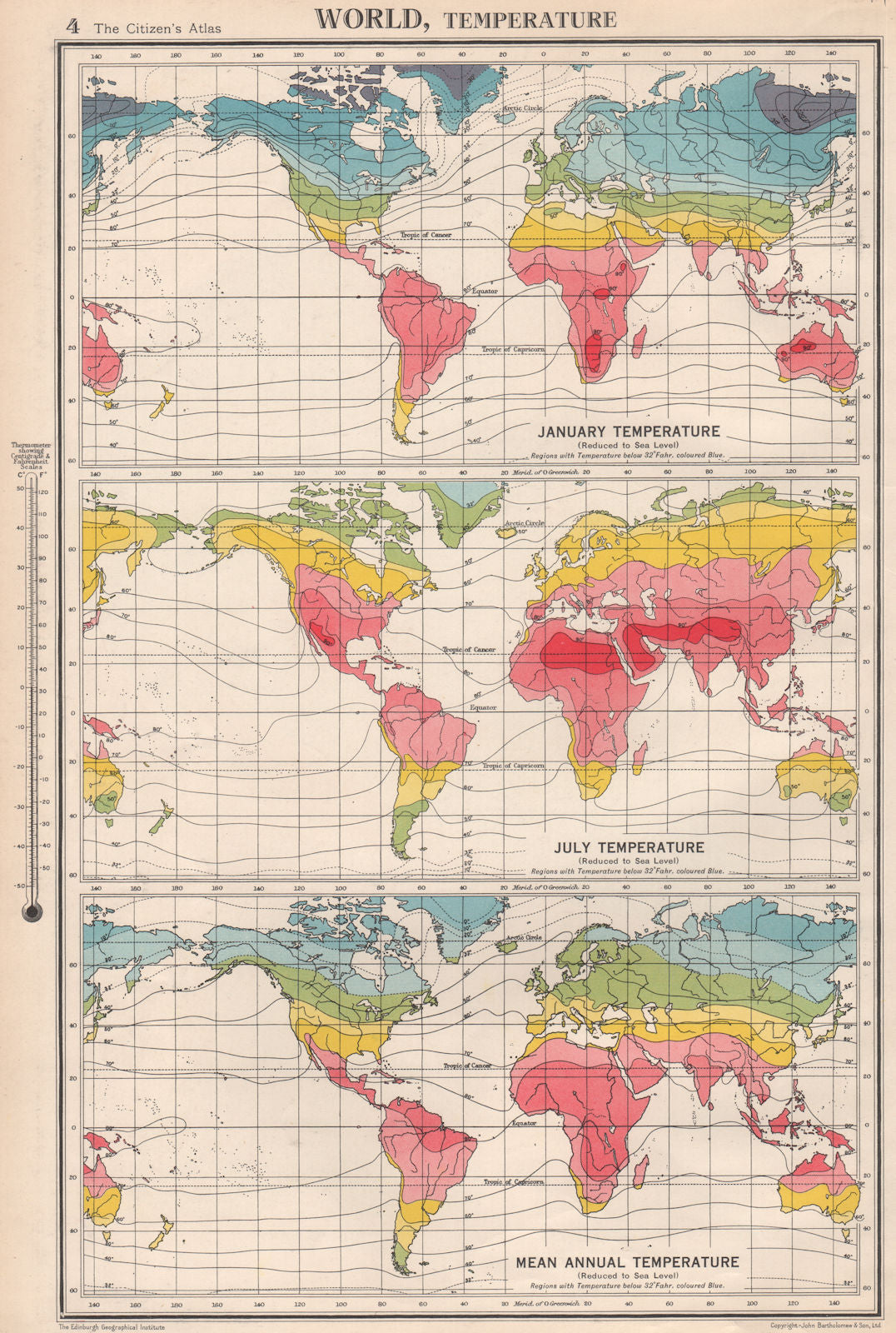 WORLD TEMPERATURE. January July Mean annual. BARTHOLOMEW 1952 old vintage map